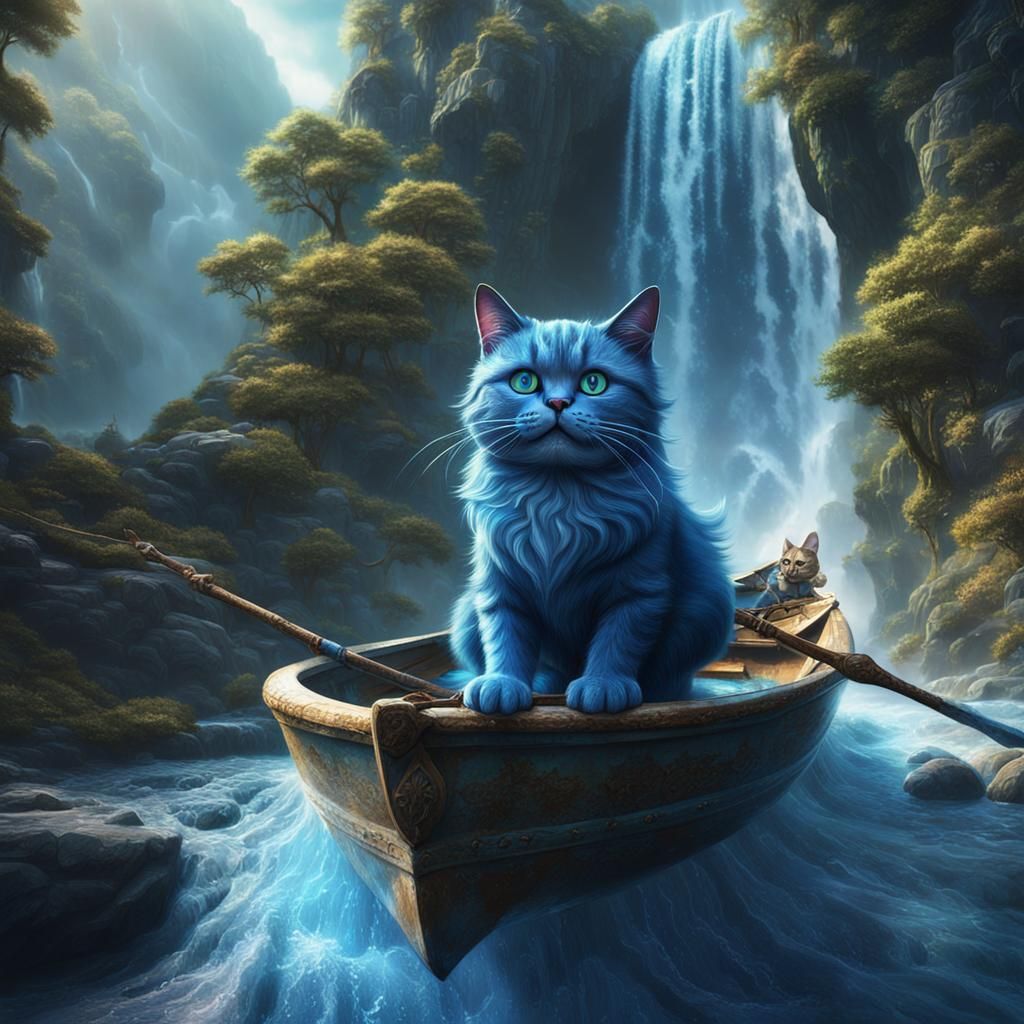 Blue Cat's Waterfall Boat Ride: Fantasy Art