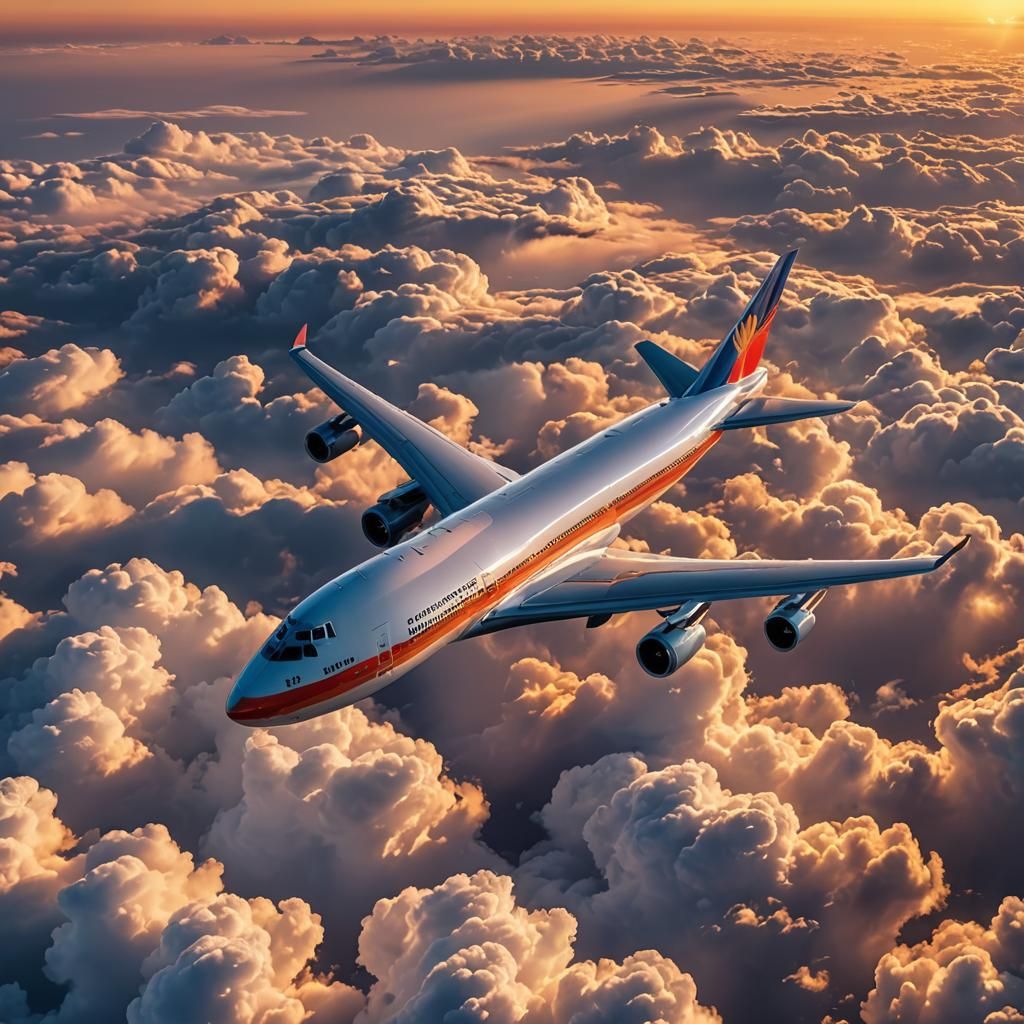 Boeing 747 Soaring Above Sunset Clouds