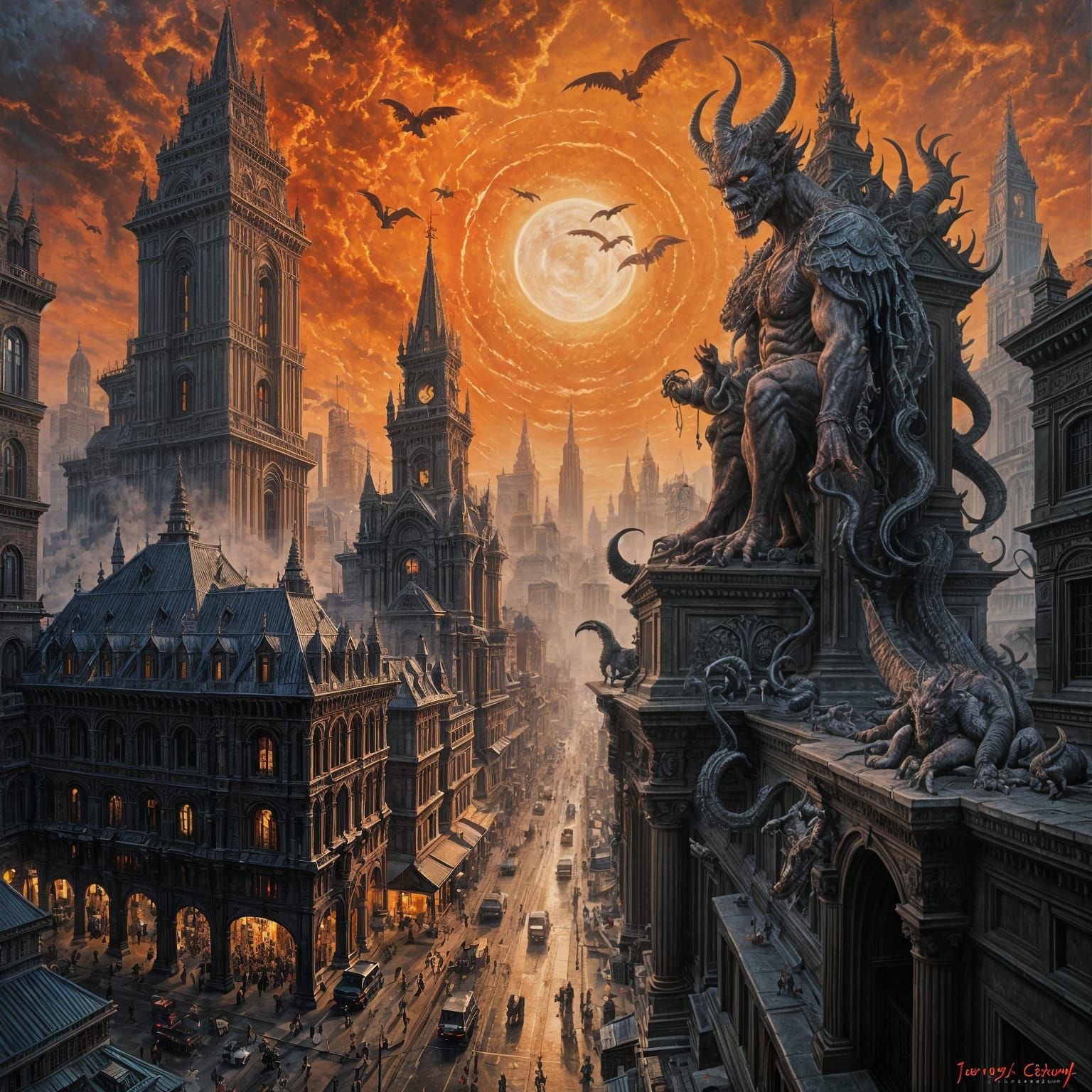Hyperrealistic Demon City in Oil Painting Style