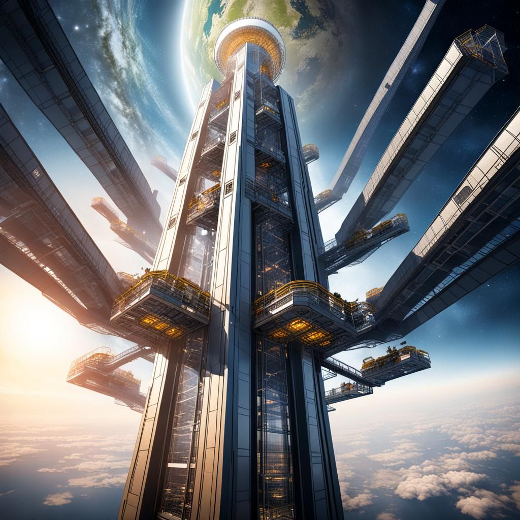 Futuristic Space Elevator Reaching into Space