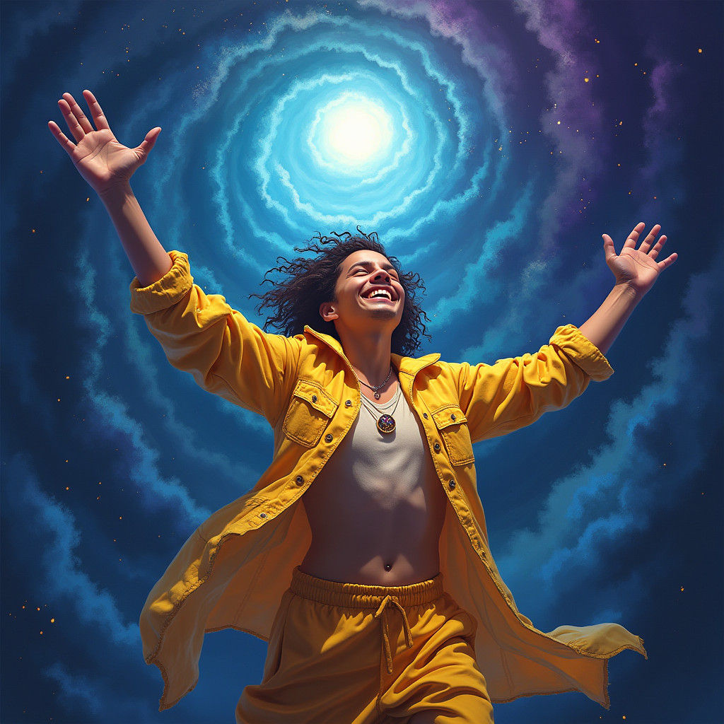 Triumphant Person Against Swirling Colorful Vortex