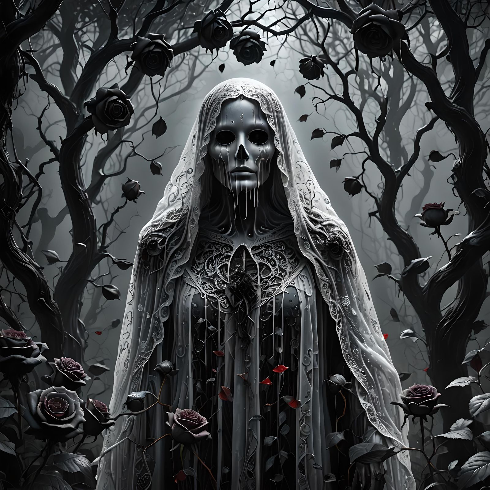 Ghost Among Black Roses in Gothic Fantasy Forest