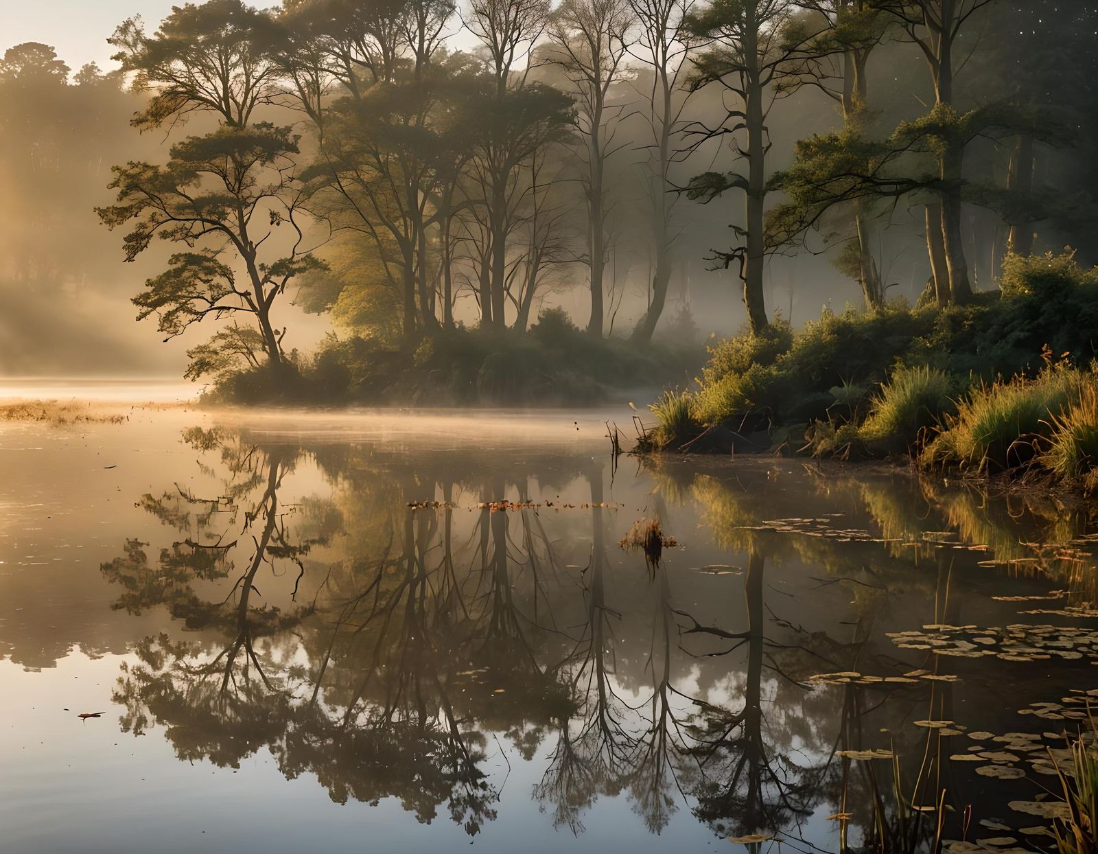 Serene Lakeside Sunrise with Golden Light