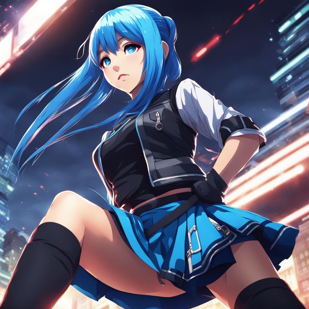 Anime Ninja Girl with Blue Hair in Mini Skirt