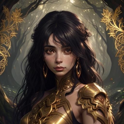 Golden Woman in Dark Fantasy Forest, Hyperdetailed Art