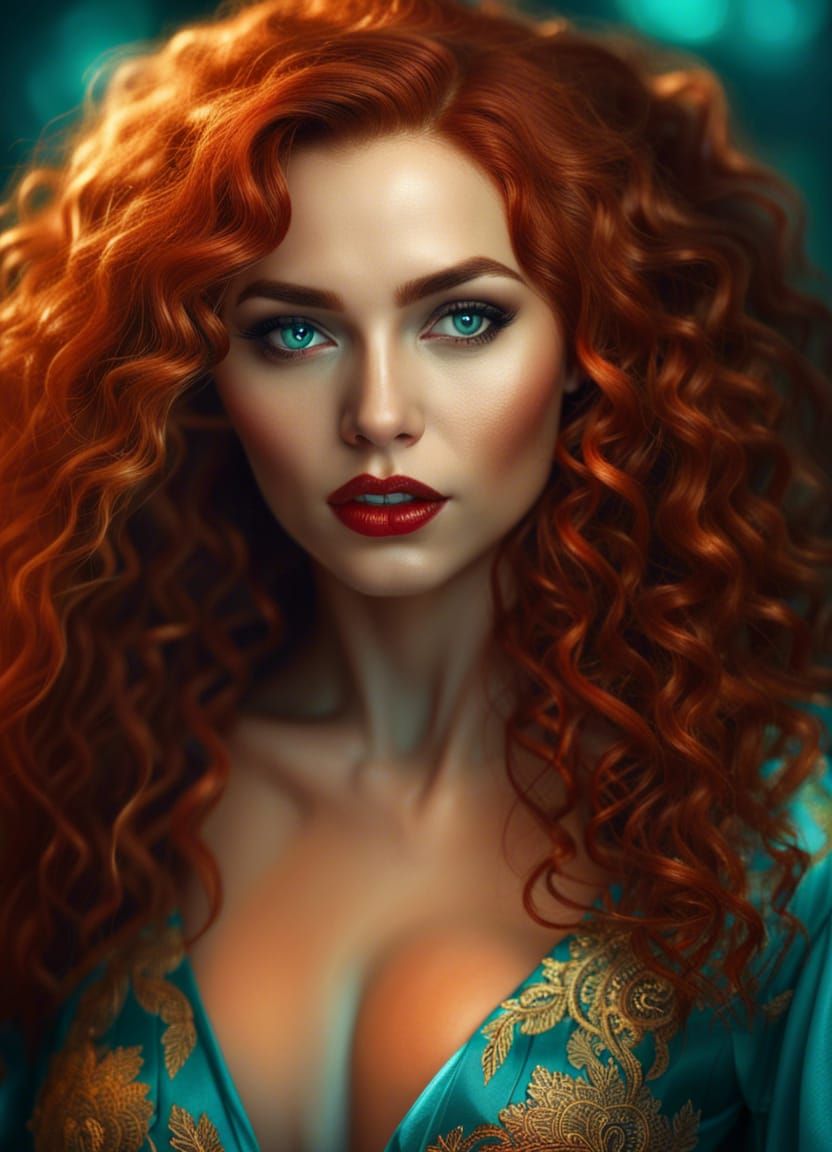 Elegant Woman with Fiery Hair in Fantasy Setting