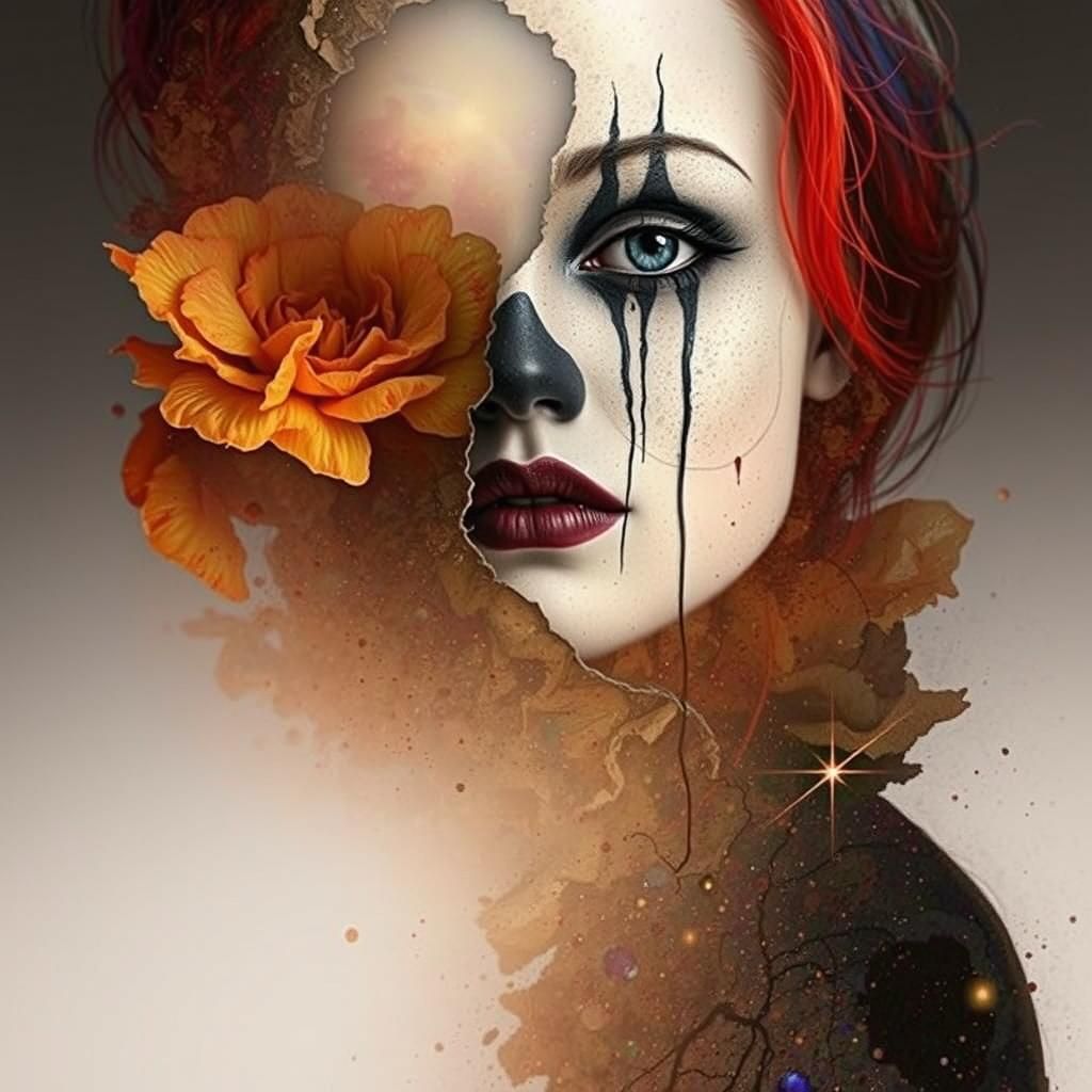 Grayscale Clown Face Melds with Decayed Wall