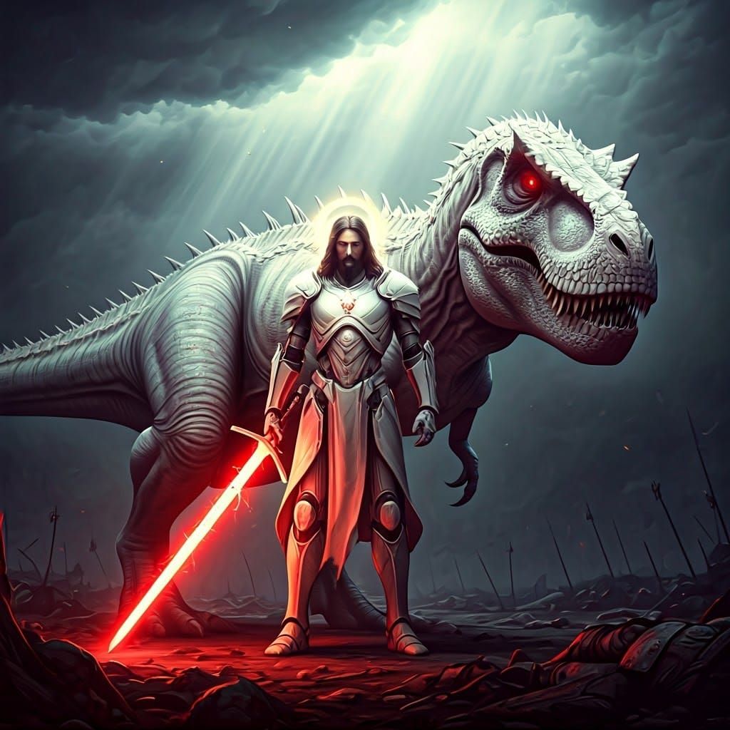 Divine Warrior and T-Rex in a Stormy Battlefield