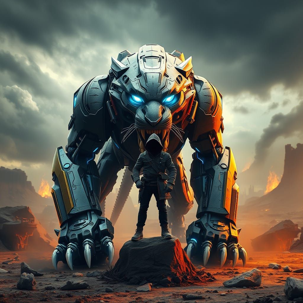 Futuristic Tiger Robot in Stormy Landscape