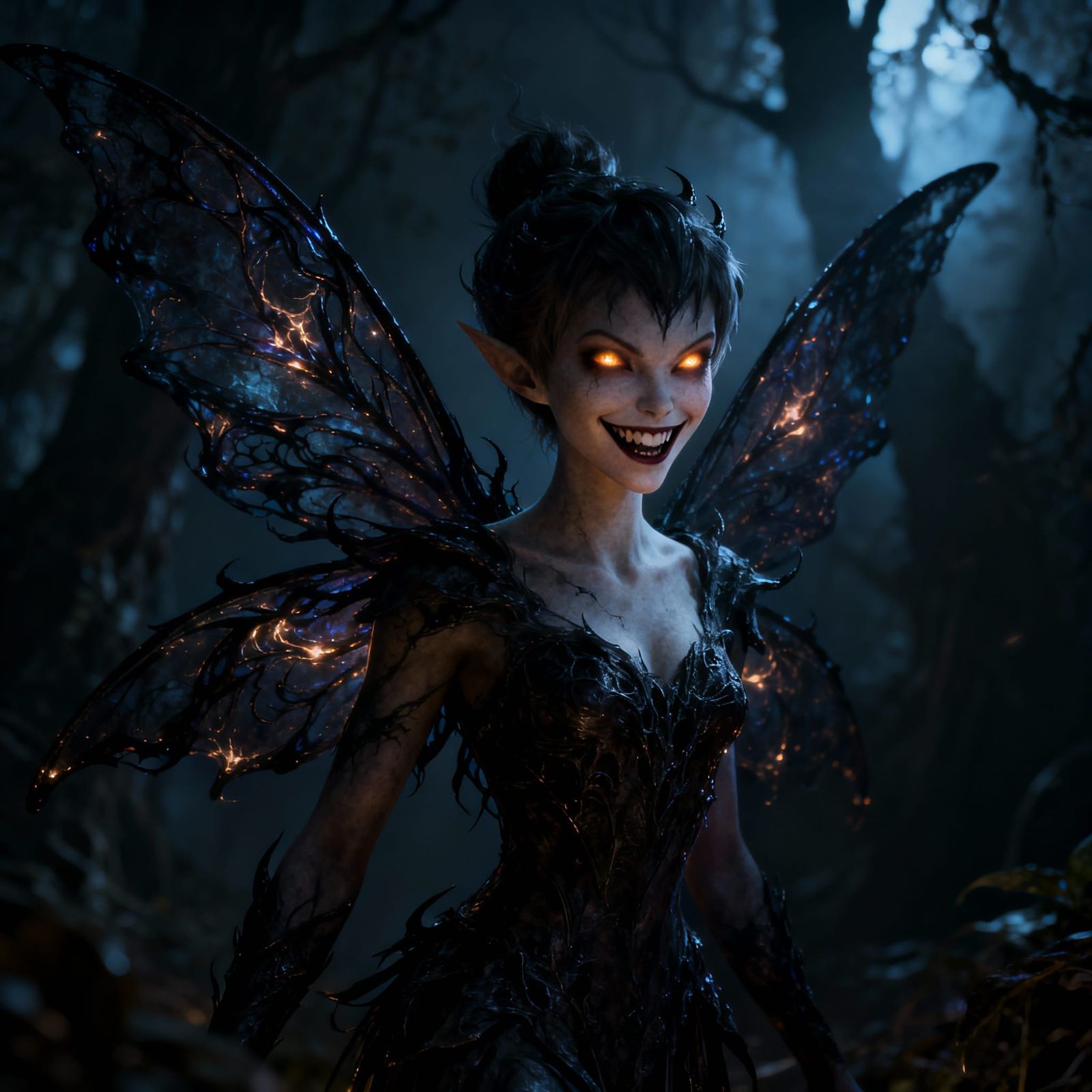 Evil Tinkerbell in Shadowy Forest, Dark Fantasy Art