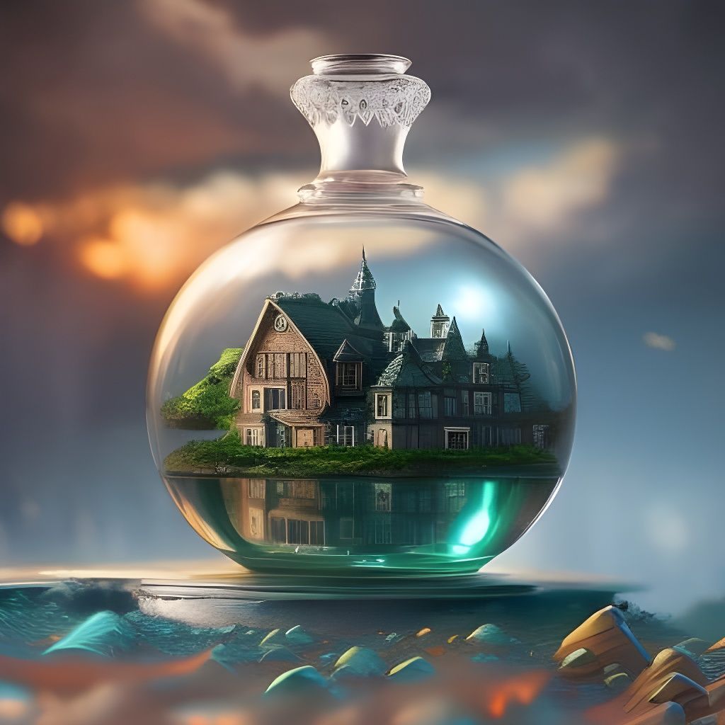 Fantasy Village in Glass Bottle: Digital Art