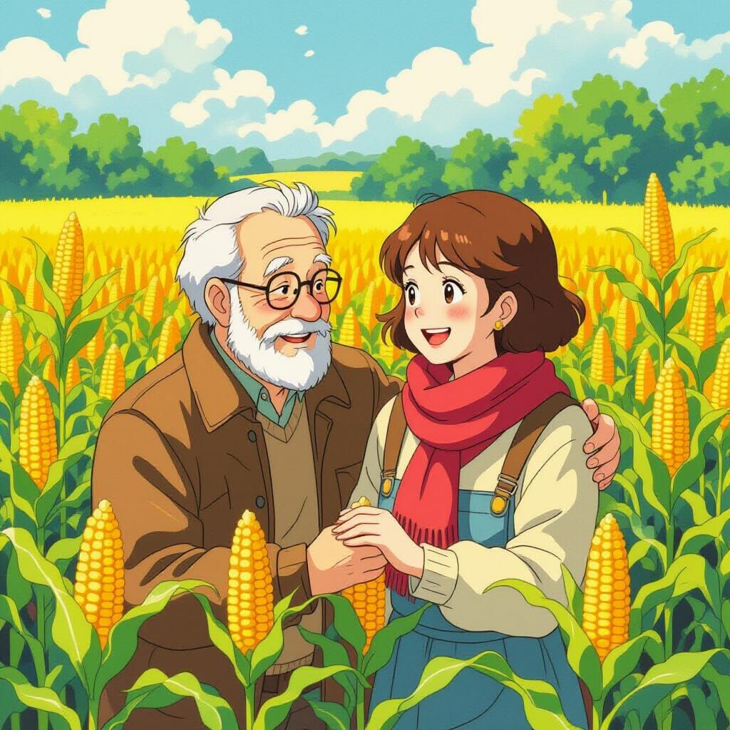 Smiling Couple in Cornfield, Studio Ghibli Anime Style