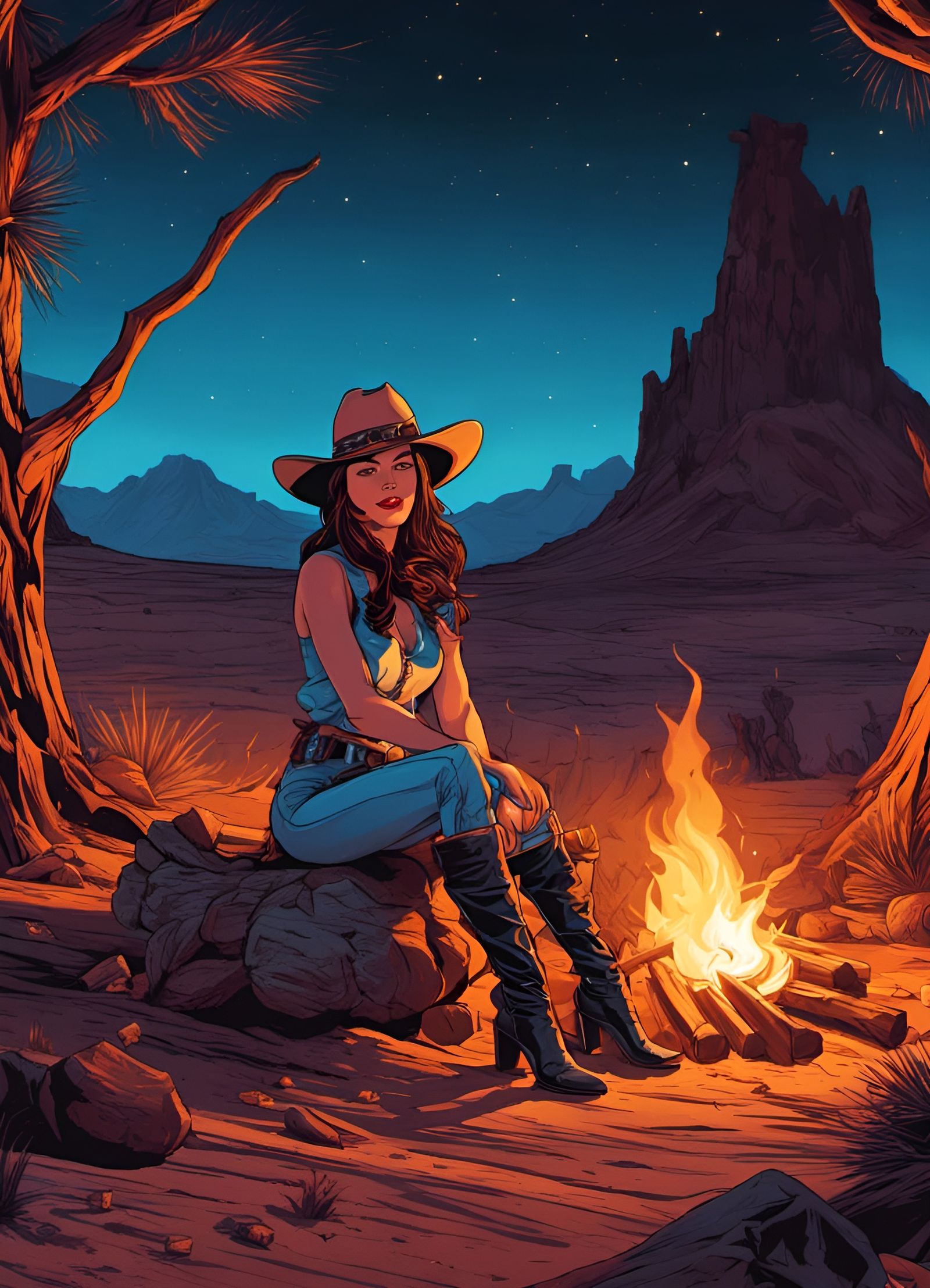 Cowgirl Resting by Bonfire, Comic Book Illustration