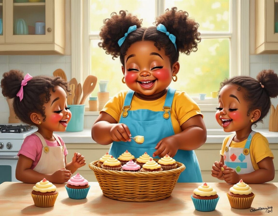 Joyful Black Girl Baking Cupcakes With Friends in Kitchen