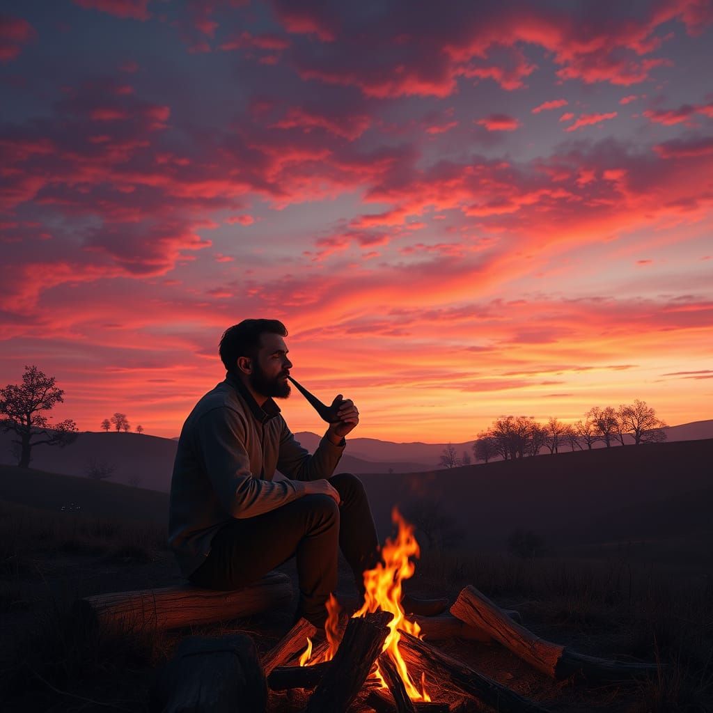 Rustic Countryside Sunset with Man and Fireflies