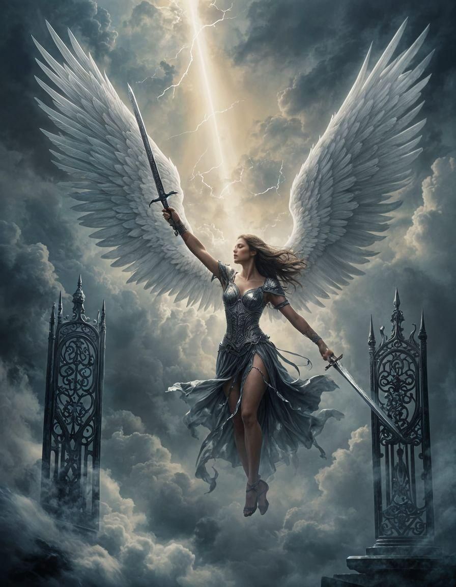 Dark Angel with Sword at Heaven's Gate
