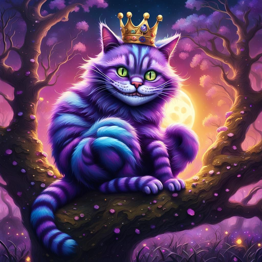 Crowned Cheshire Cat in Moonlit Graffiti Art