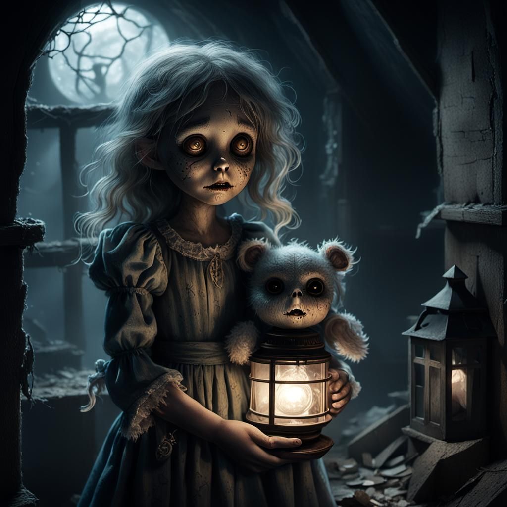 Mysterious Girl in Tattered Attic Attire with Fluffy Cyclops...