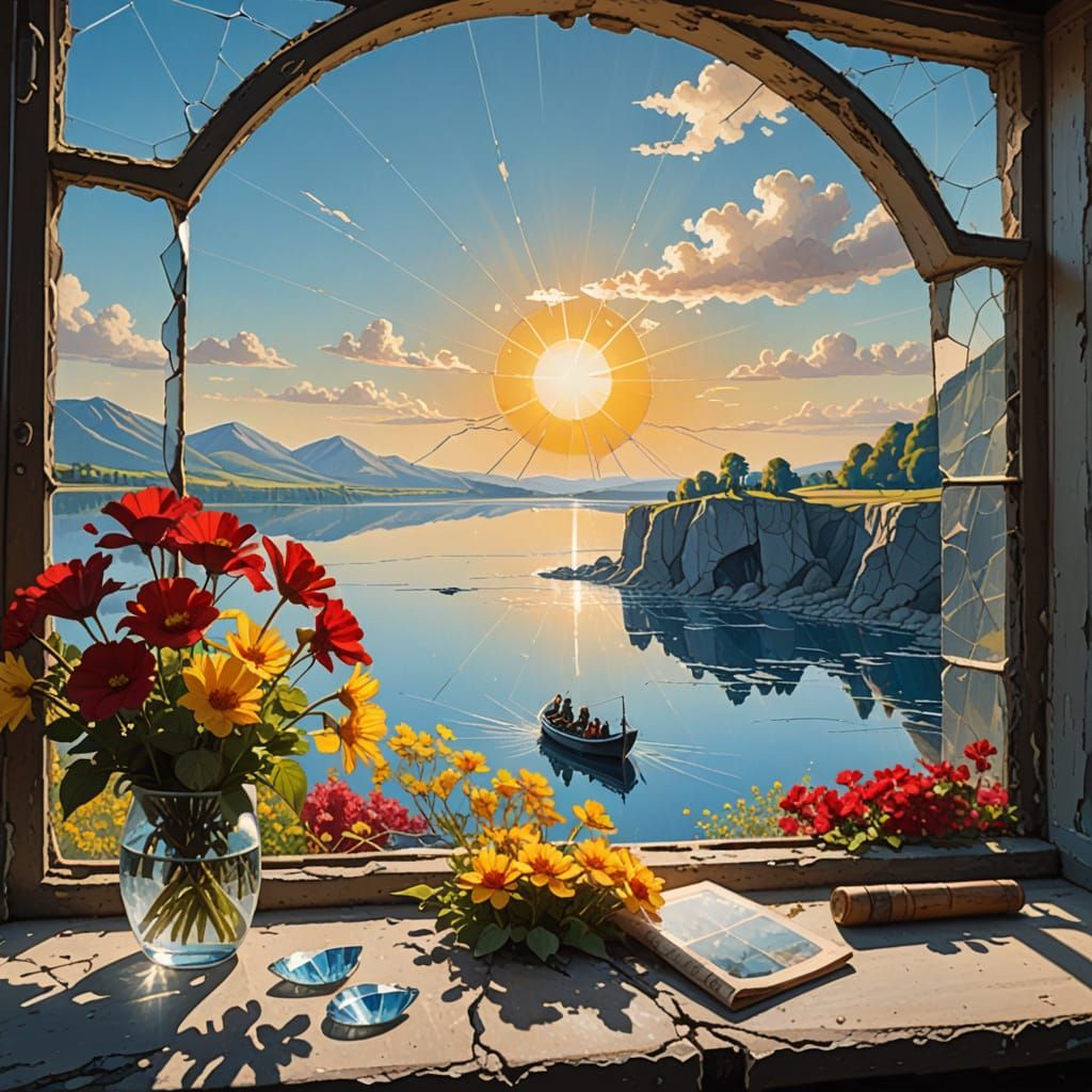 Sunny Scene with Cracked Window and Majestic Bridge