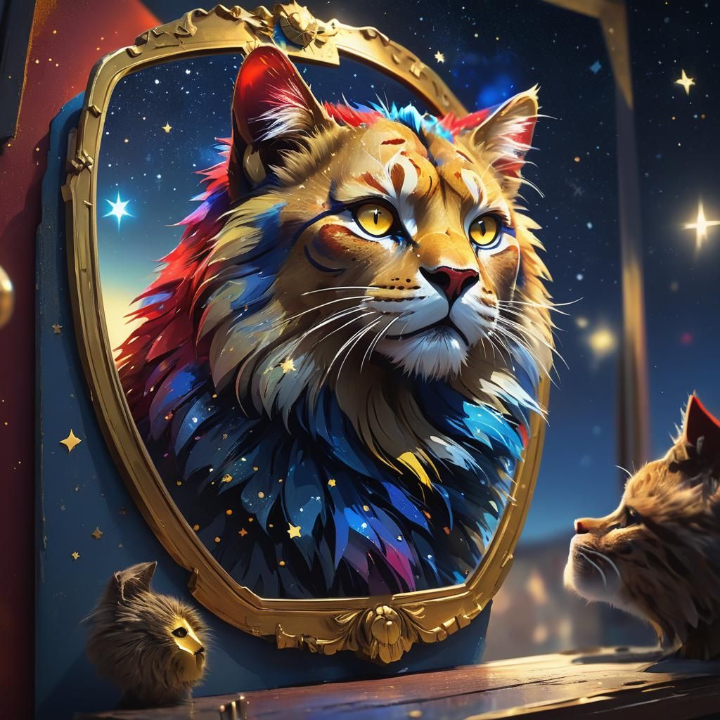 Cat Sees Lion Reflection under Starry Sky
