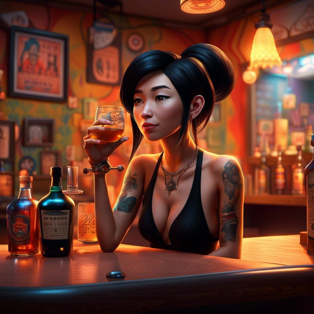 Japanese Woman Drinks Whisky: Pixar-Style 3D Art