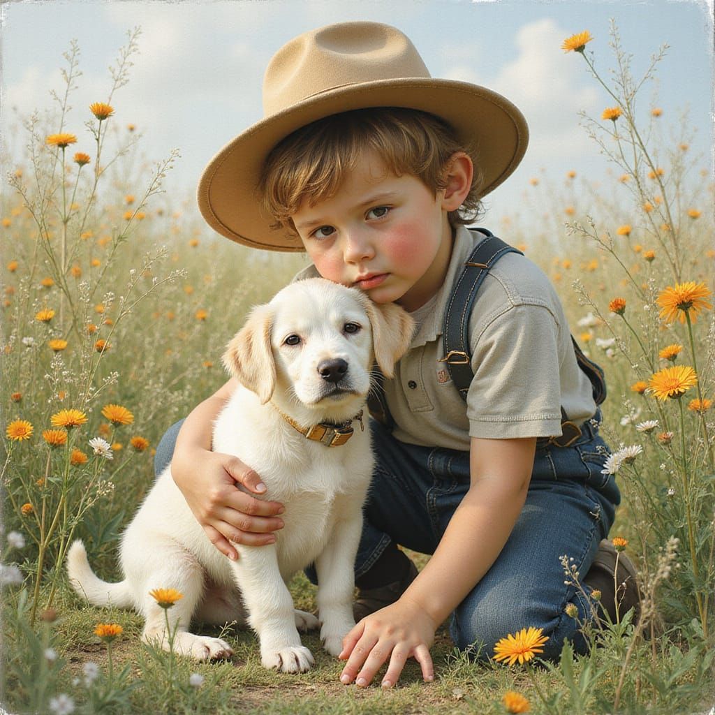 A Young Boy and His Faithful White Puppy in a Vibrant Storyb...