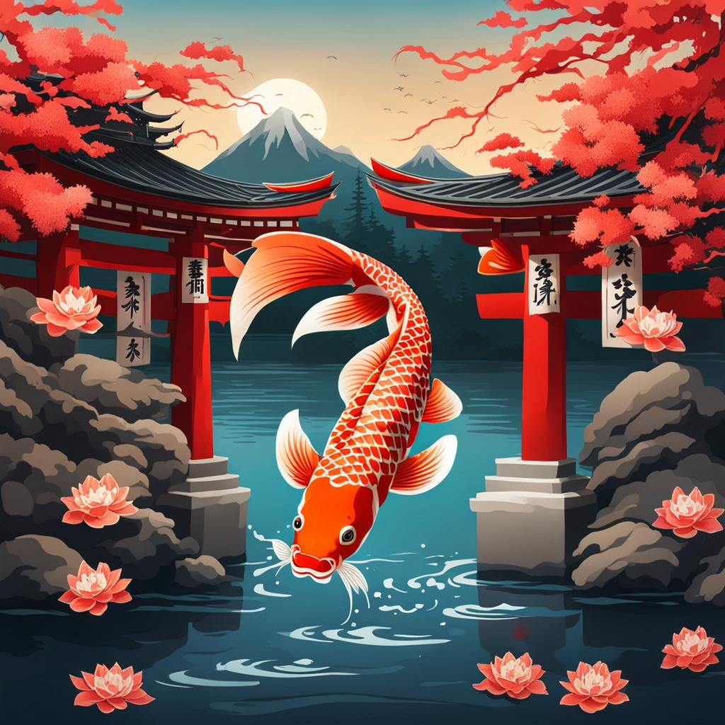 Koi Fish Transformation into Dragon Through Torii Gate