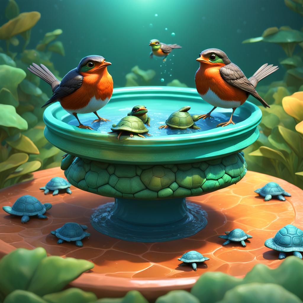 Robins Relaxing in Turtle Birdbath: Pixar Style
