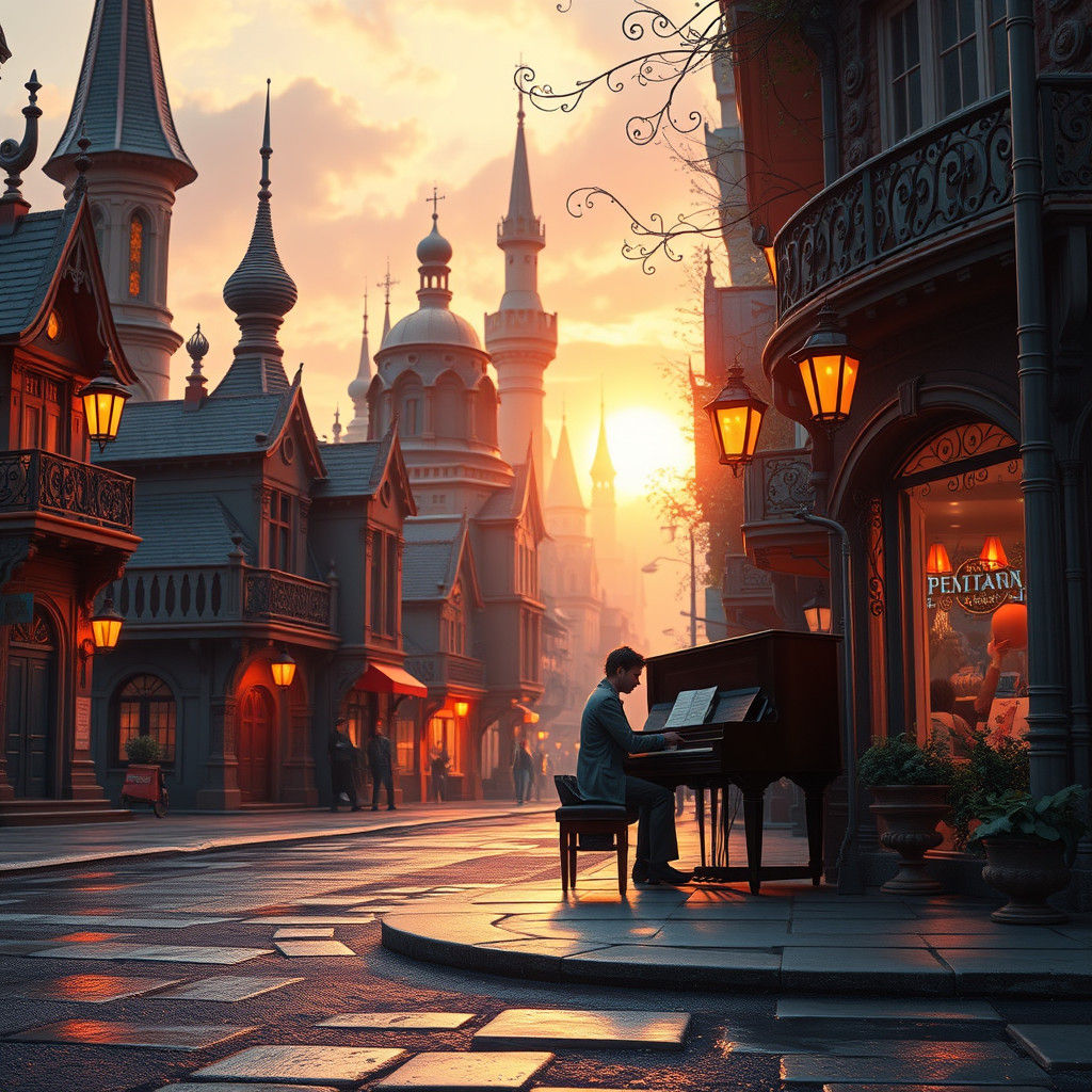 Mystical Cityscape at Dusk: Street Piano in Unreal Engine