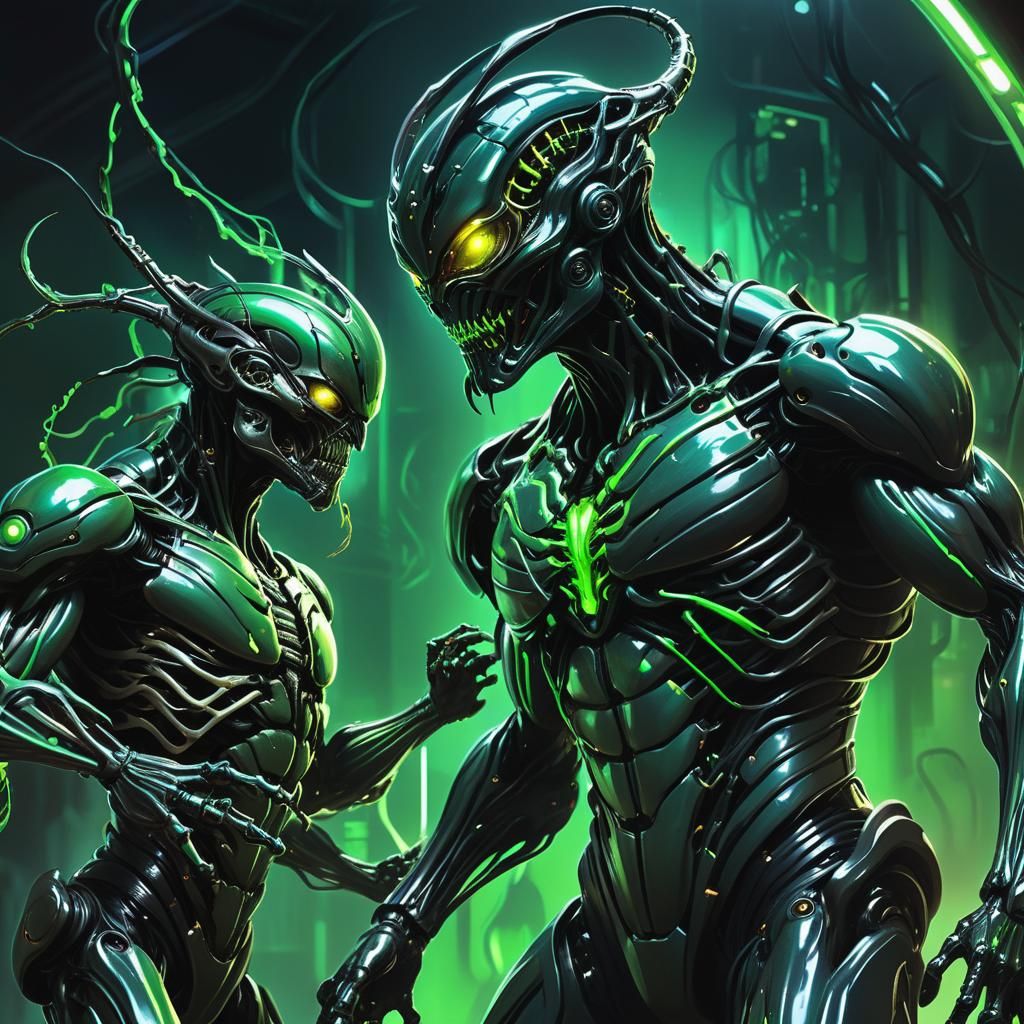 Biomechanical Symbiote Fusion in Noir Oil Painting