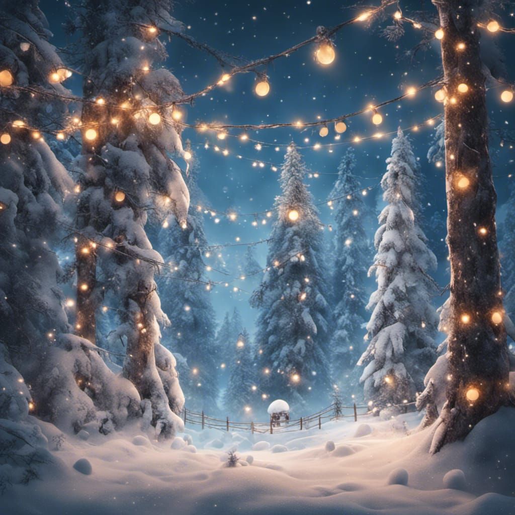 Winter Forest with Christmas Lights: Fantasy Concept Art