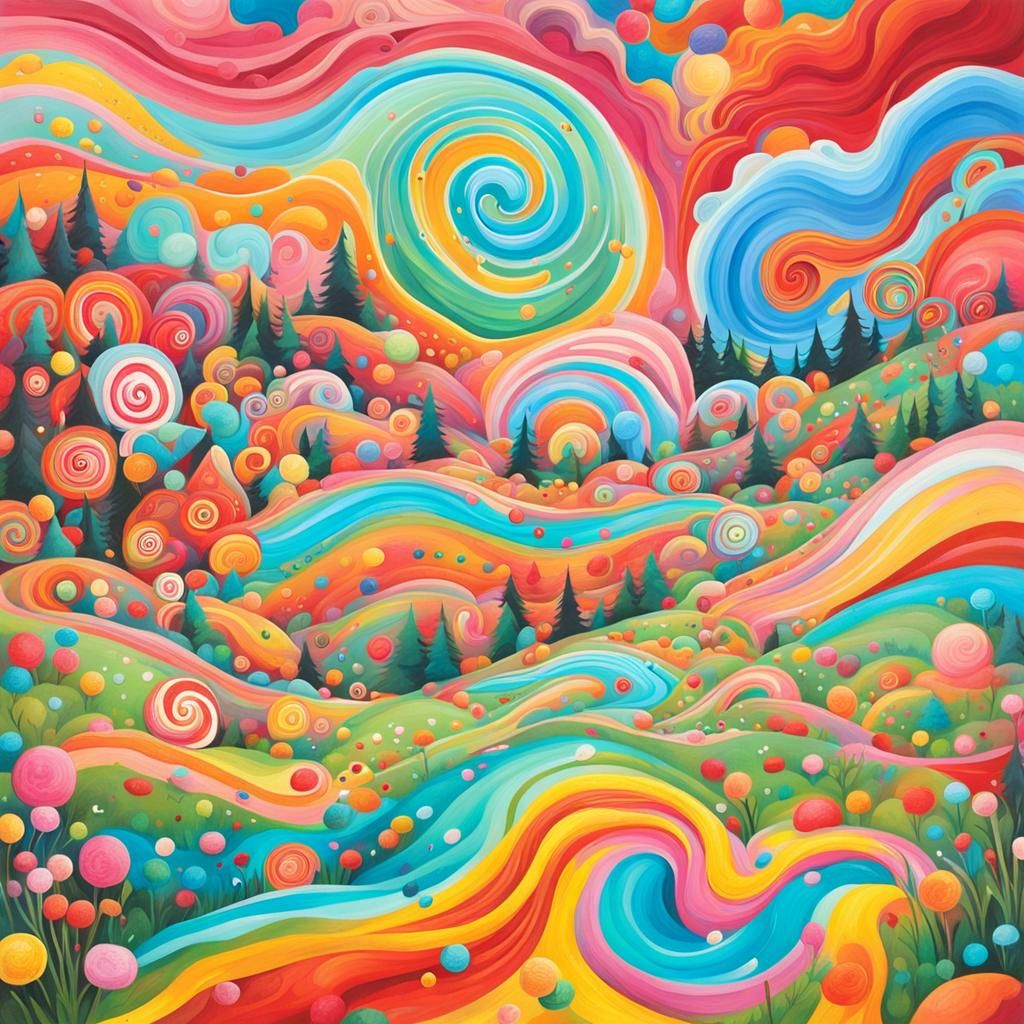 Vibrant Candyland Wonderland with Gouache Swirls