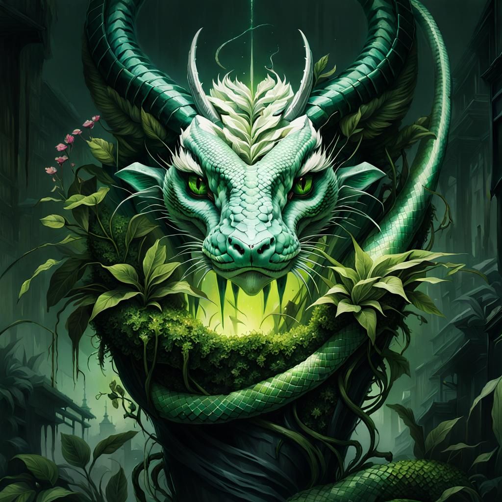 Green Snake in Pot: Dark Fantasy Art