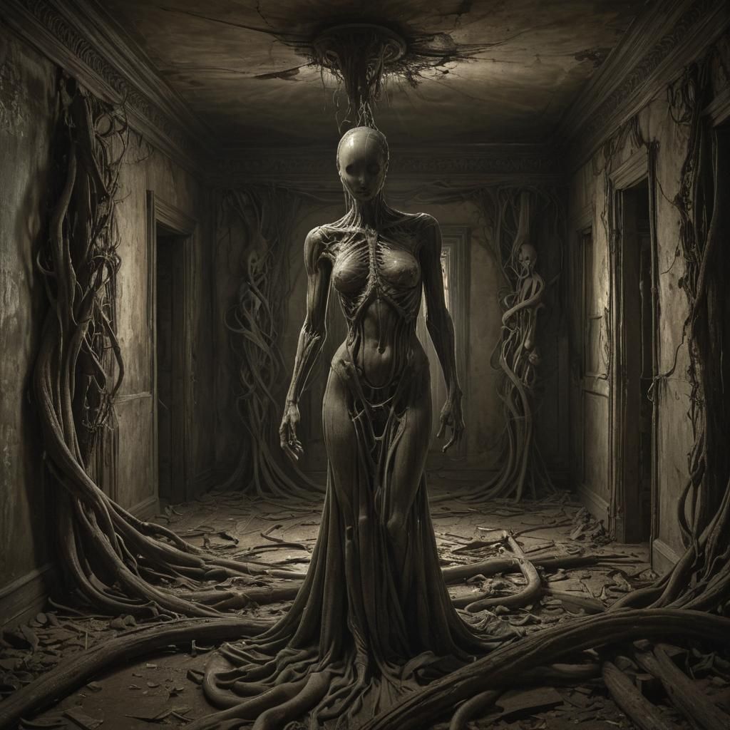 Distorted Figure in Victorian Room, Beksiński Style