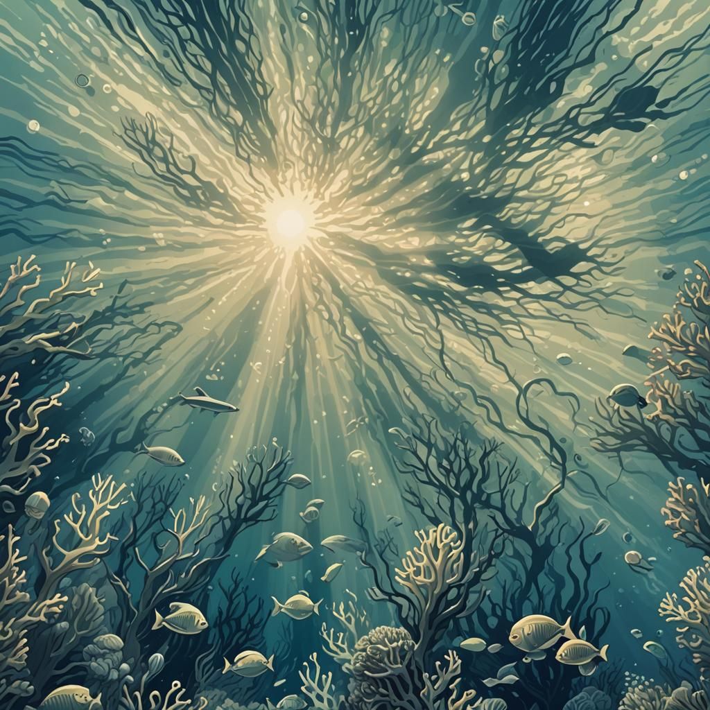 Monochromatic Blue Ocean Marine Life Abstract