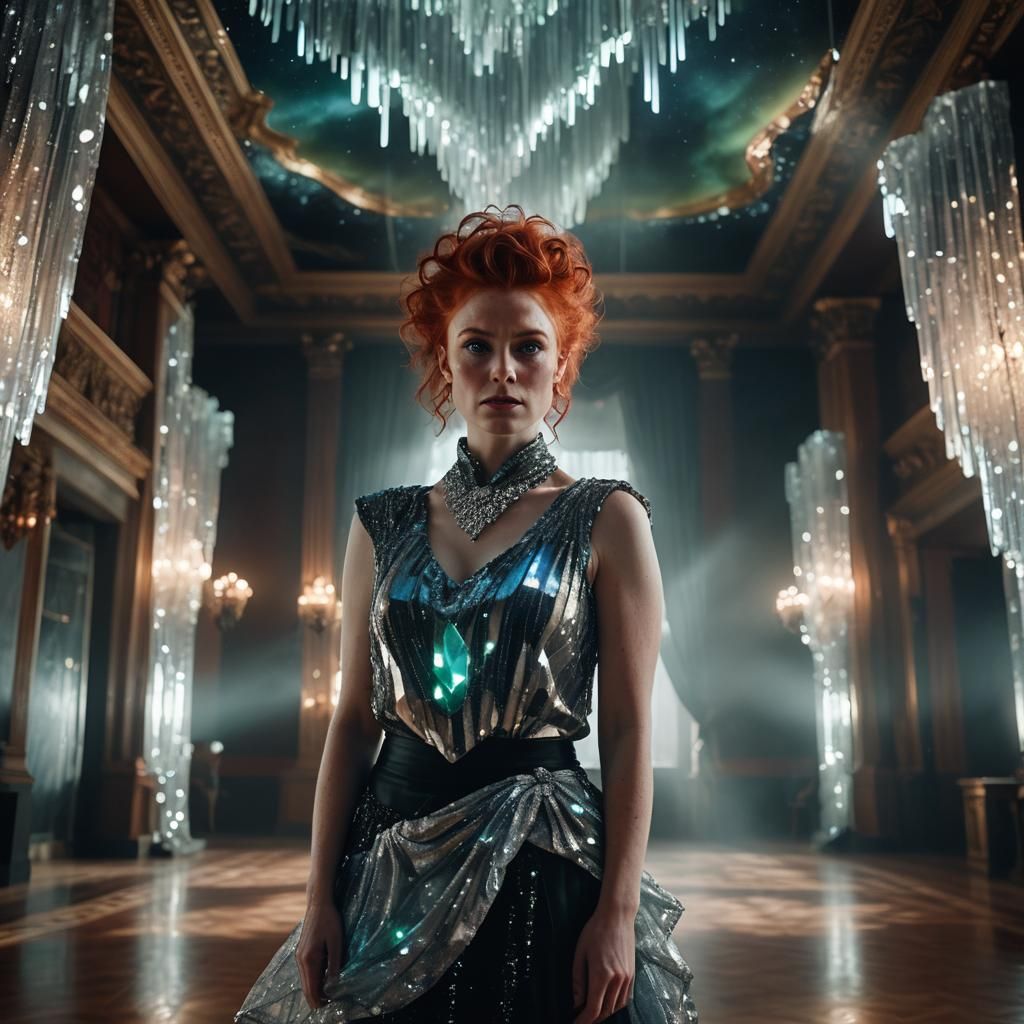 Hyperrealistic Woman in Ballroom with Aurora Lighting