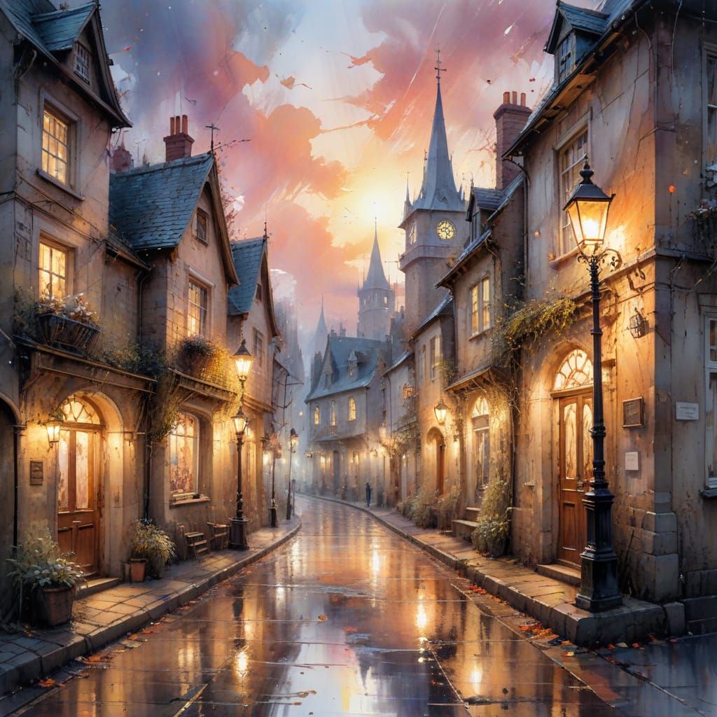 Victorian Fairytale Village at Sunrise in Watercolour Style