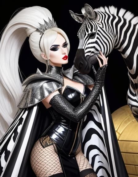 Pop Star in Zebra Gown with Futuristic Cape