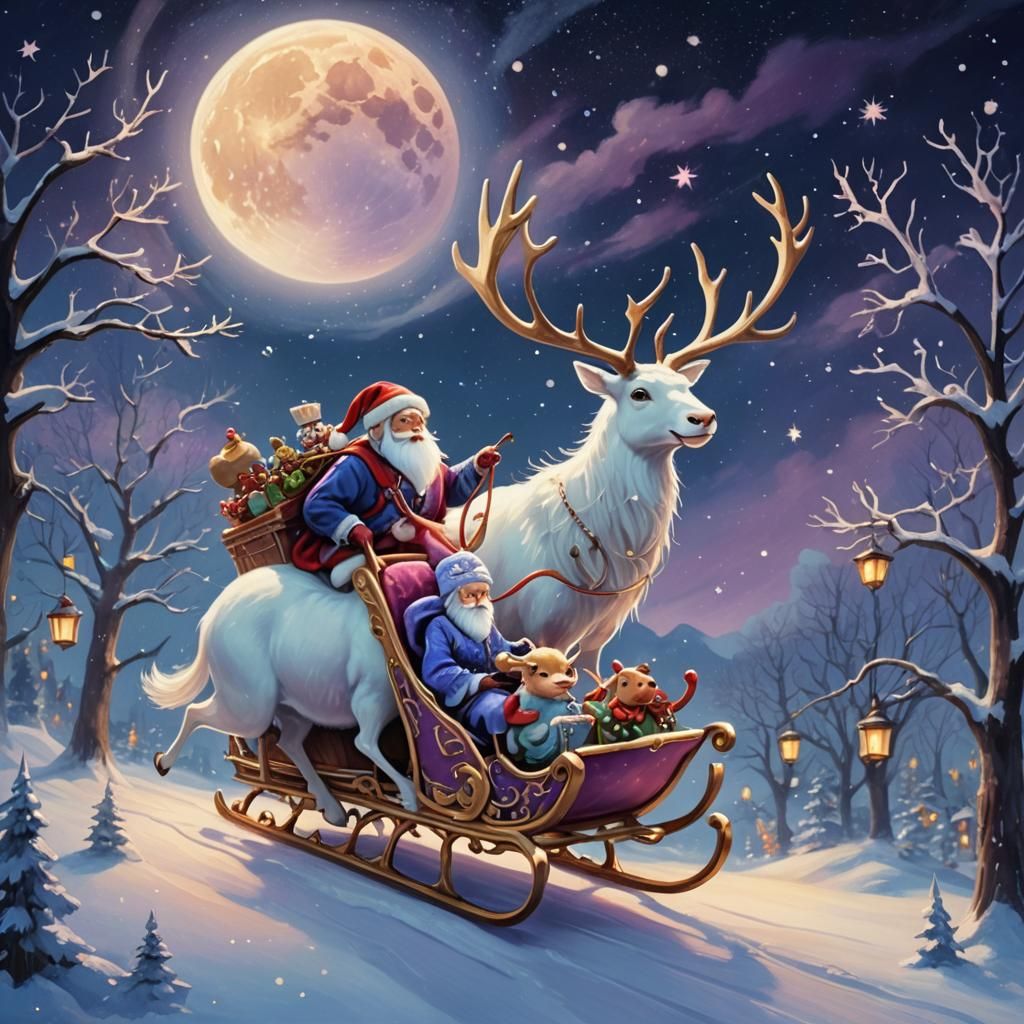 Cute Asian Ghost Rides Sleigh in Dreamy Oil Painting