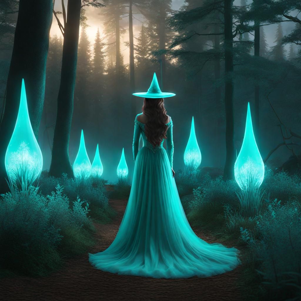Ethereal Witch in Bioluminescent Forest, Digital Art