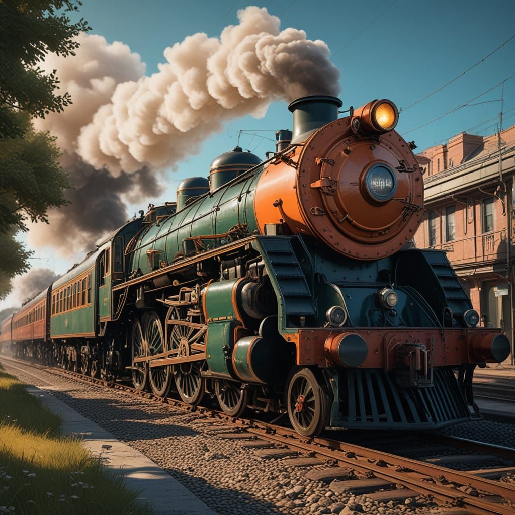 1930s Bullet Nose Art Deco Steam Train in Vibrant Triadic Co...