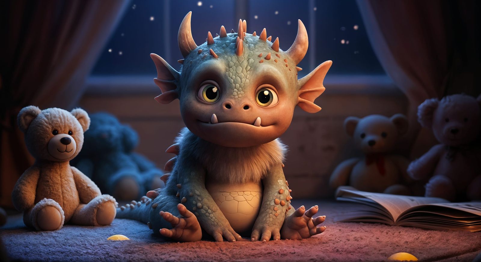 Adorable Realistic CGI Cartoon Monster in a Cozy Bedroom