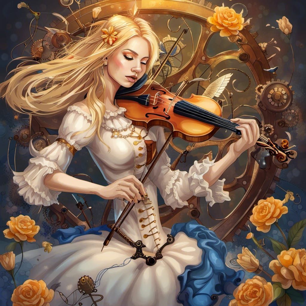 Steampunk Violinist with Flowers and Notes