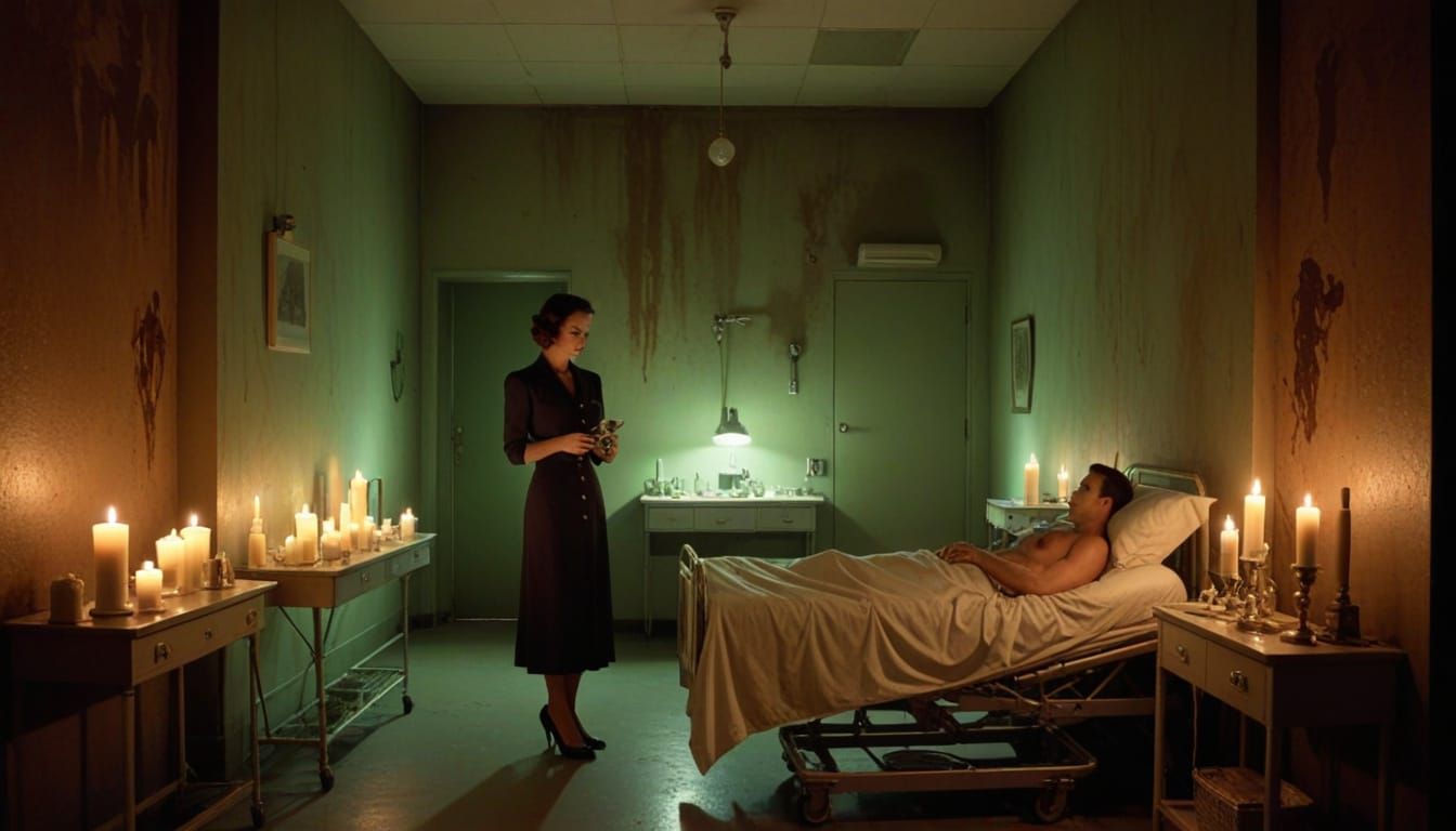 Eerie Neon Lit Monster Hospital Scene in a Dark Art Style