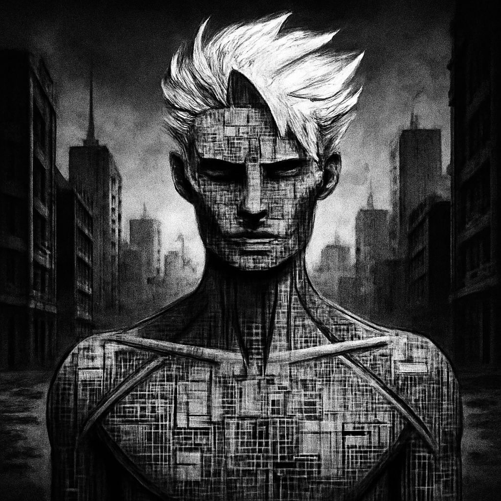 front view of A solitary replicant, its form composed of intricate semiconductor wafer patterns, stands in a desolate, f...