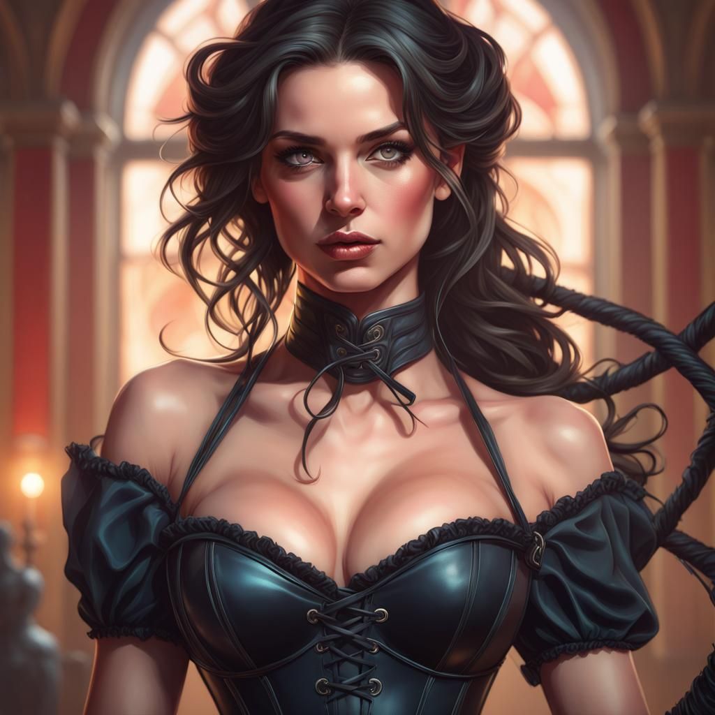 Brunette Woman Portrait with Whip in Digital Art Style