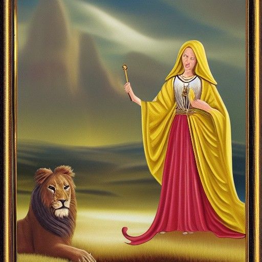 Female Knight Praying Before Lion of Judah