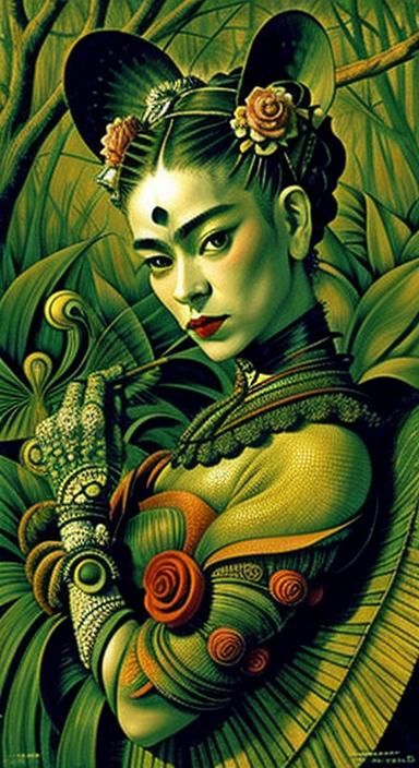 Surreal Geisha Mantis in Dreamlike Forest