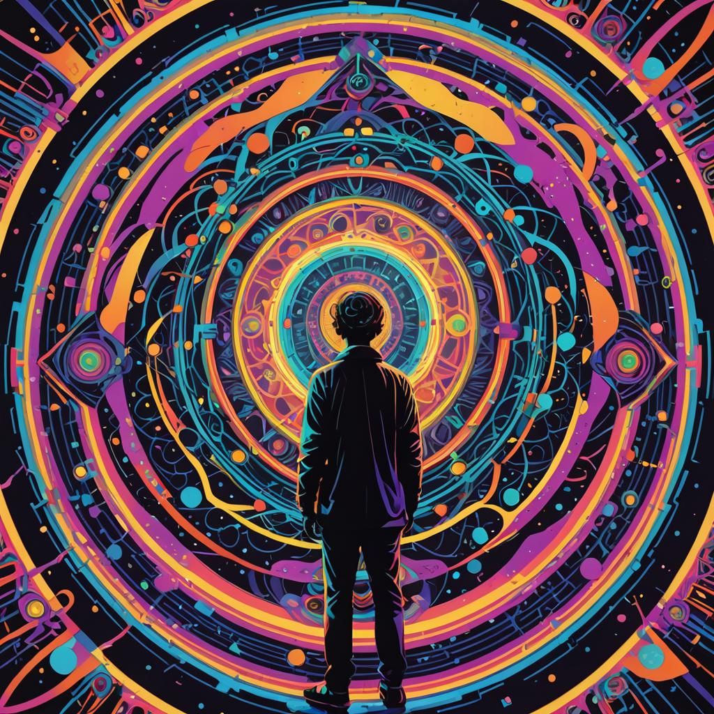 Psychedelic Record Cover with Swirling Colors and Neon Shape...