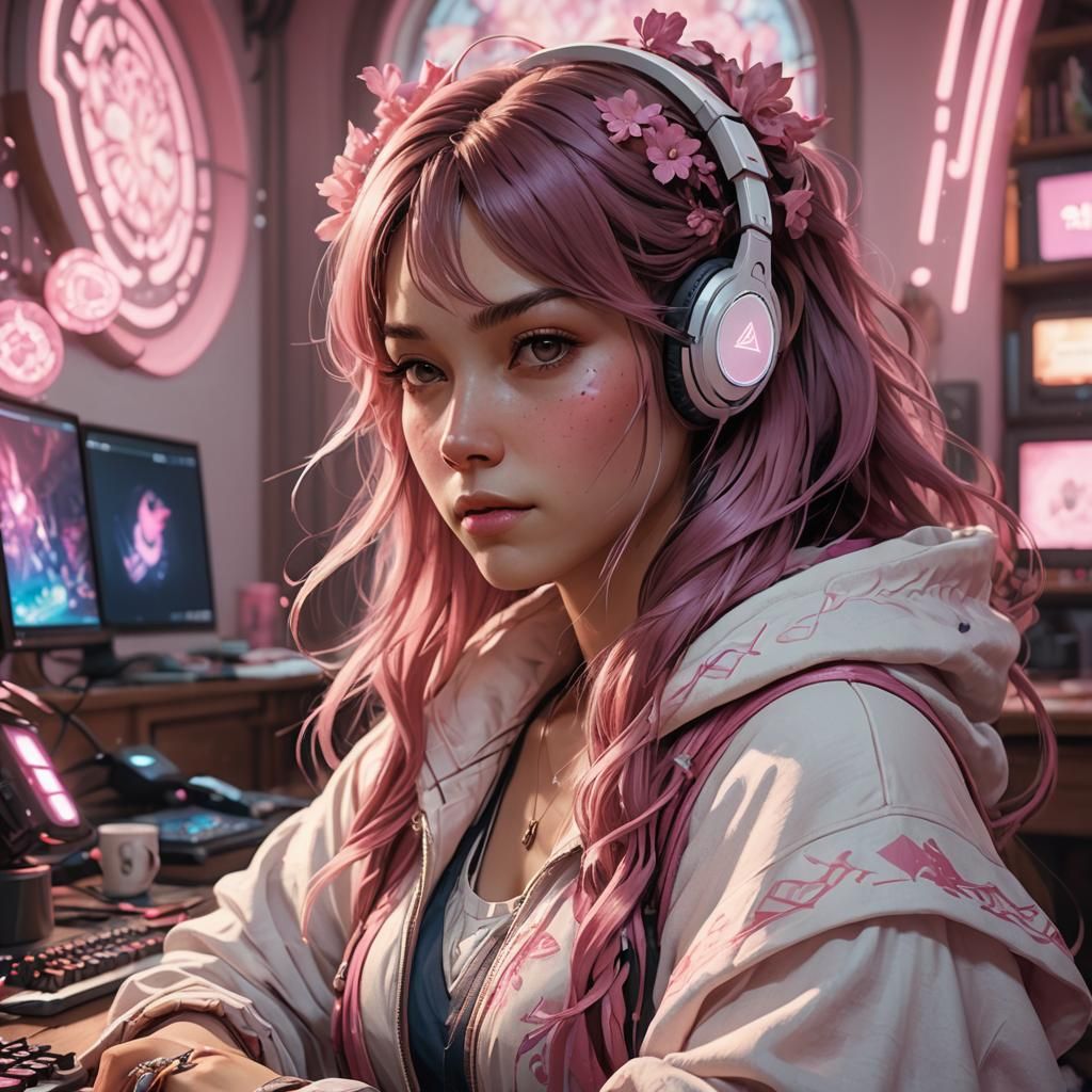 Pink Gaming Setup Portrait in Art Nouveau Style